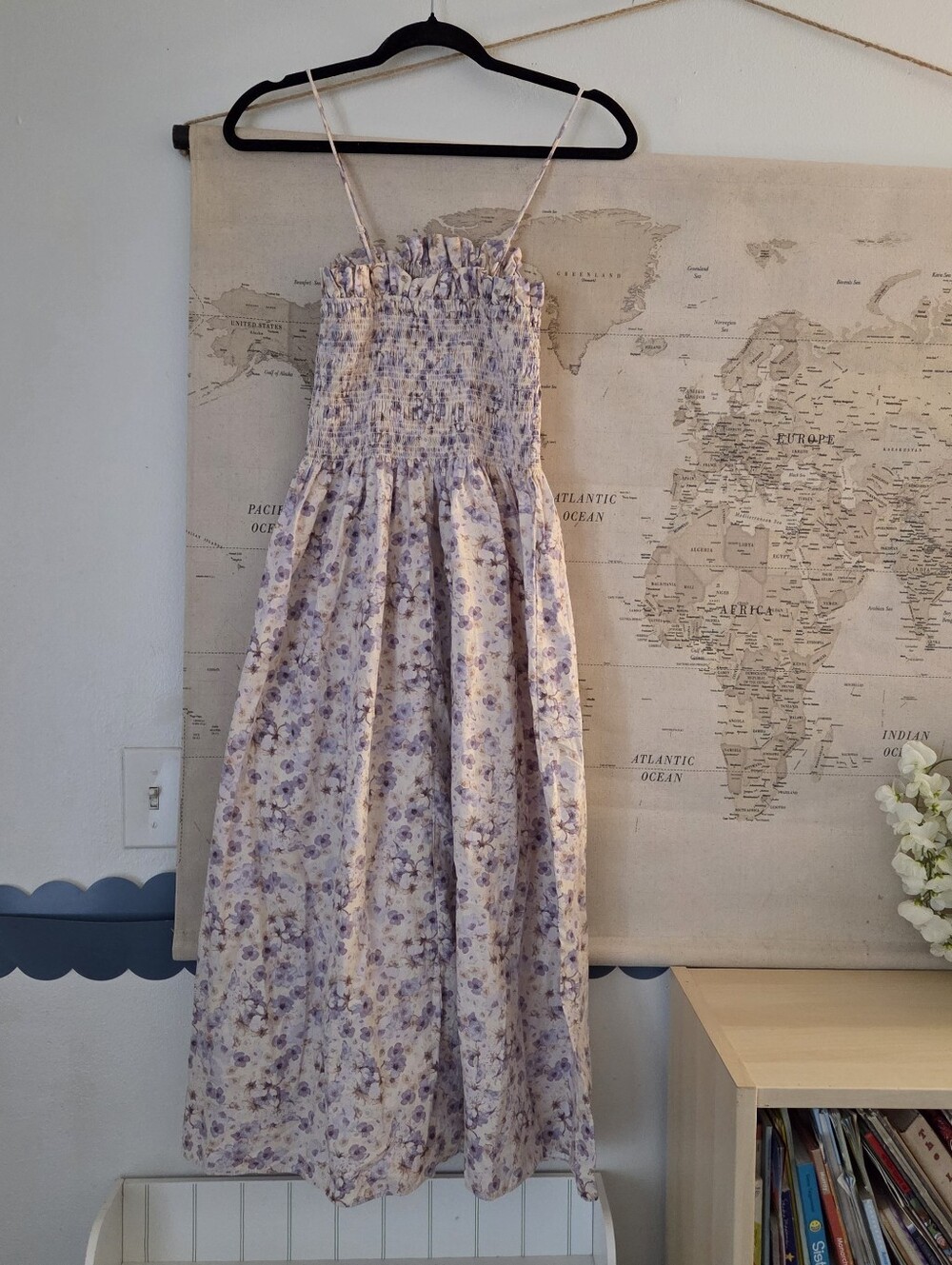 H&M 100% Cotton Strapless spaghetti Strap Purple Floral Shirred Midi Dress